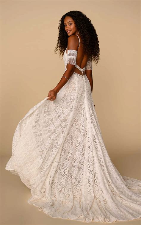 Modern Boho Wedding Dress with Linear Lace Details - All Who Wander