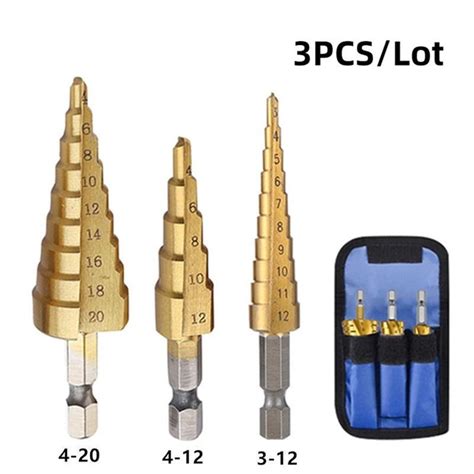 3Pcs Handle Step Drill HSS Titanium Coated Step Drill Bit, Multiple Hole Stepped Up Bit for ...
