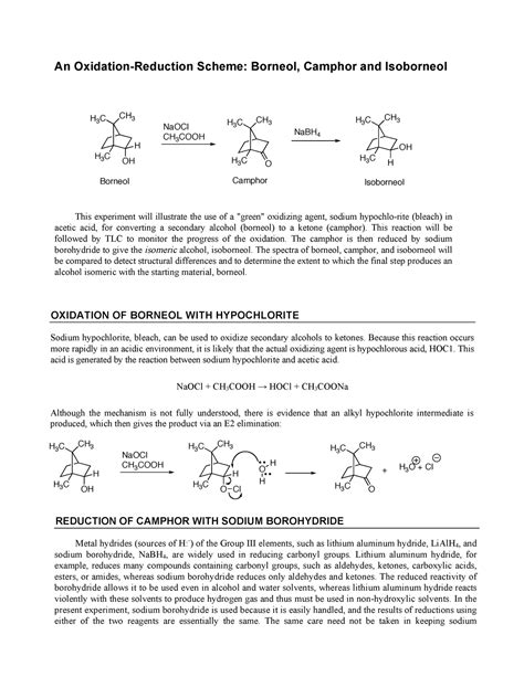 Oxidation-Reduction of Borneol Lab - An Oxidation-Reduction Scheme: Borneol, Camphor and ...