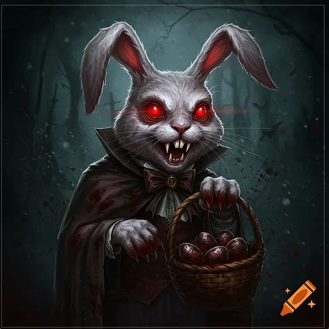 Menacing black bunny holds a basket of crying children in a dark forest ...