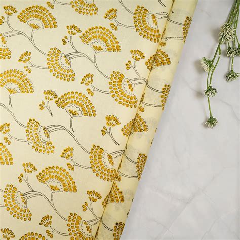 Buy (Pre Cut 1 Mtr )Light Yellow Color Hand Block Natural Dye Bagru ...