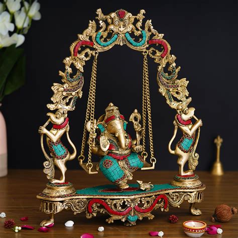 Lord Ganesha on a Swing Handcrafted Brass Idol with Stone Work ...