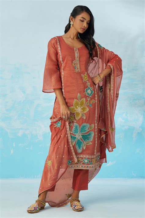 Shop for Peach Orange Readymade Embroidered Silk Suit Online | Saree ...