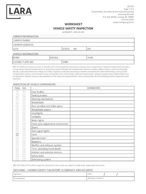 Fillable Online Vehicle Safety Inspection Worksheet. Vehicle Safety ...