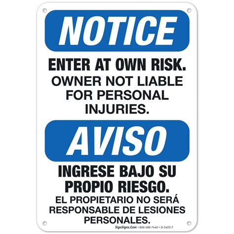 Bilingual Enter At Your Own Risk Sign, OSHA Sign, - Walmart.com