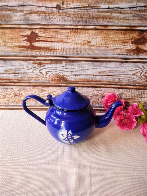 Vintage Blue Tea Kettle With White Flower, Tea Kettle, Antique Tea ...