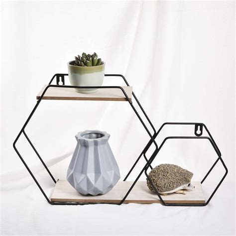 Buy Floating Shelves Wall ed Metal Wire Art Hexagon Shelves With Solid ...
