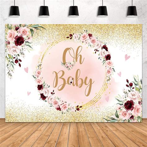 MEHOFOND Rose Gold Baby Shower Backdrop Oh Baby Flowers Girls Baby ...