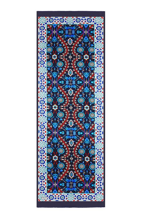 Navy Blue Saks Selçuk Pattern Silk Foulard