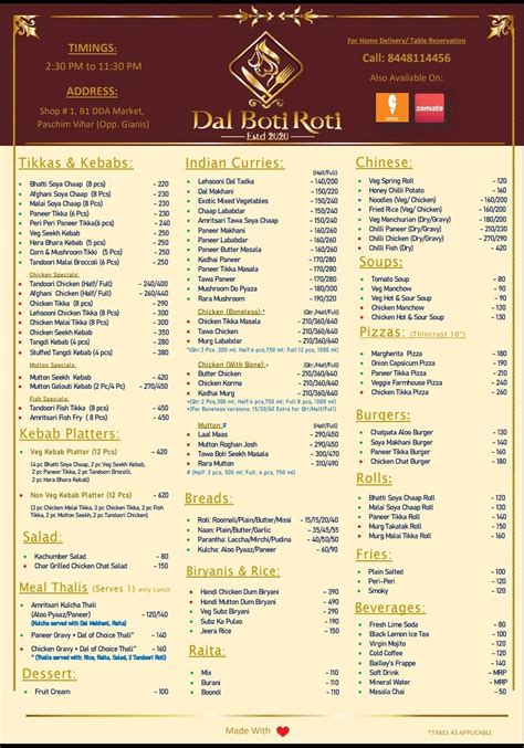 Menu at Dal Boti Roti, New Delhi