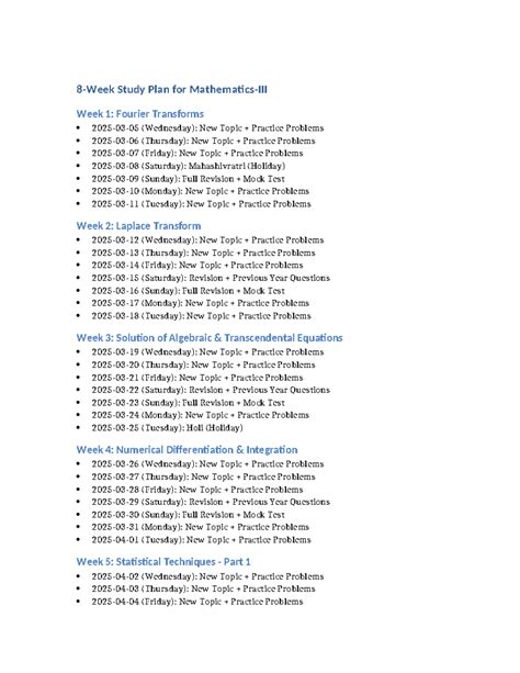8-Week Study Plan - Timetable for mathematics 3 - 8-Week Study Plan for ...