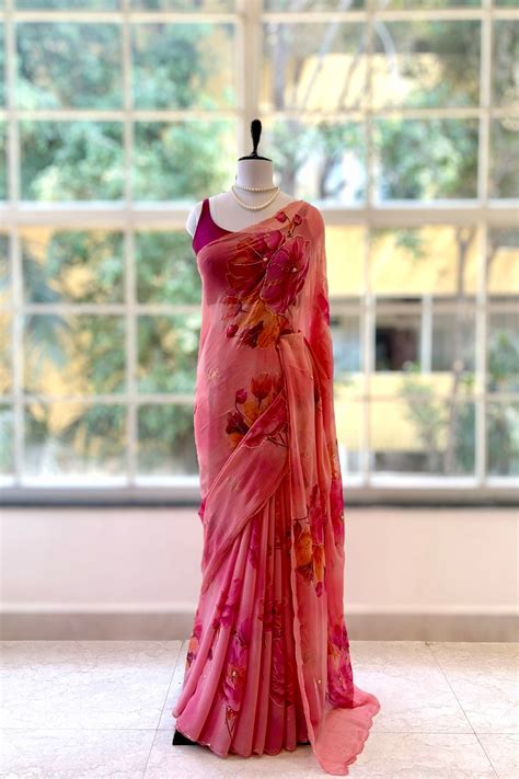 Floral chiffon embellished saree - Pink – D tales