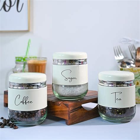 Market99 Cylindrical Glossy Tea, Sugar, and Coffee Jar Set of 3 (360ml ...