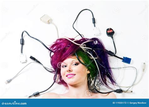 Woman Lay on the Floor with Wires and Smile Stock Photo - Image of ...