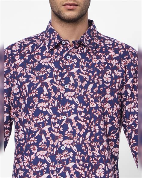 Buy Navy Blue Floral Print Full Sleeves Shirt for Men