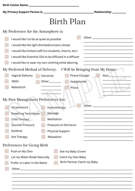 Downloadable Birth Plan for Birth Center Template | Birth Preferences | PDF Download Birth ...