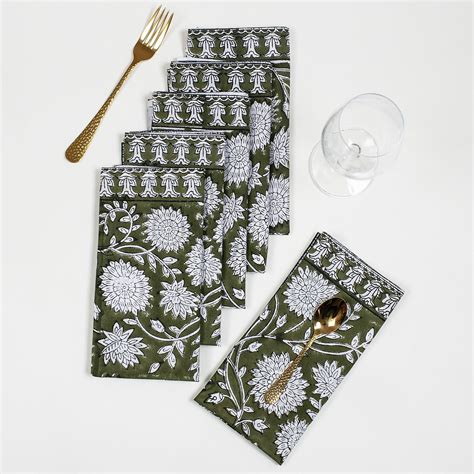 Buy Hand Block Green Floral Printed Cotton Napkins Online DMAASA – Dmaasa