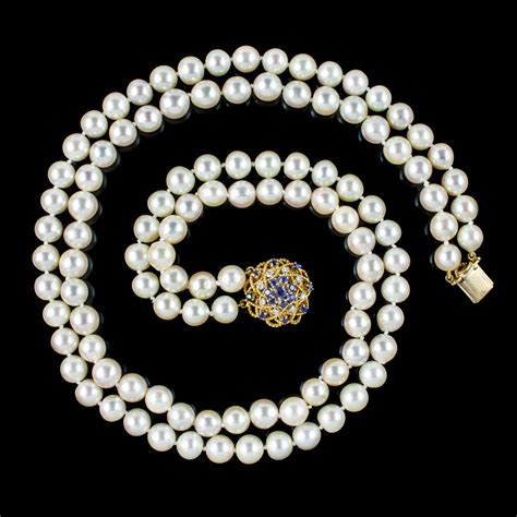 Vintage Double Strand Pearl Necklace Sapphire Diamond Clasp For Sale at ...