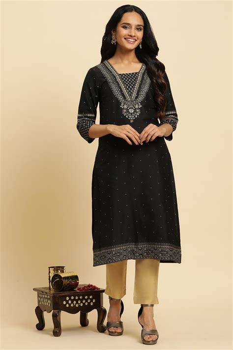 Buy Black Embellished Straight Festive Kurta Online for Woman | WforWoman