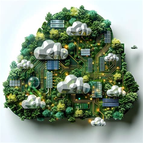 Environmental benefits of cloud computing with green energy icons and ...
