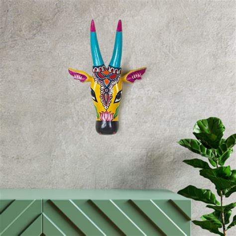 Handcrafted Wooden Nandi Bull Head Wall Decor (Yellow) – Coral Tree
