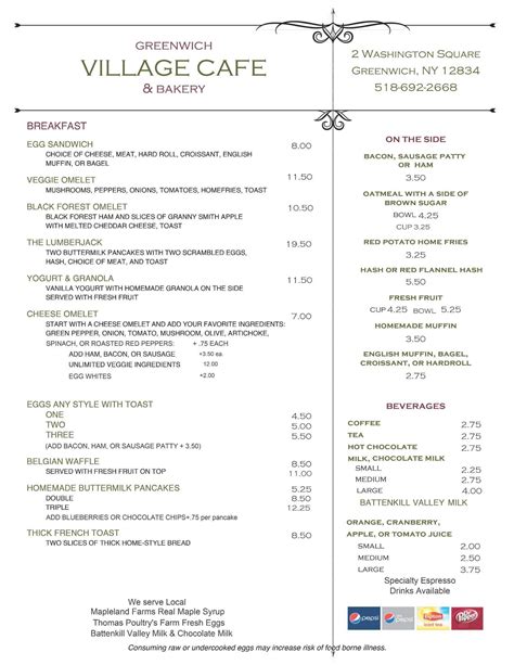 Menu at Witches Village Cafe, Greenwich