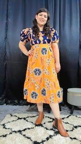 Athena Mustard Yellow & Blue Floral Crepe Empire Midi Dress – Athena ...