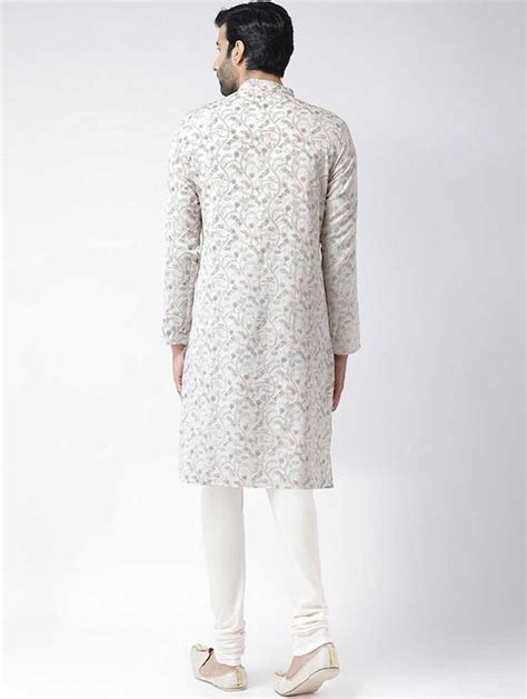 Men White Floral Printed Kurta with Churidar