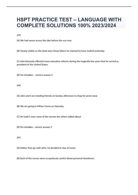 HSPT PRACTICE TEST – LANGUAGE WITH COMPLETE SOLUTIONS 100% 2023/2024 ...