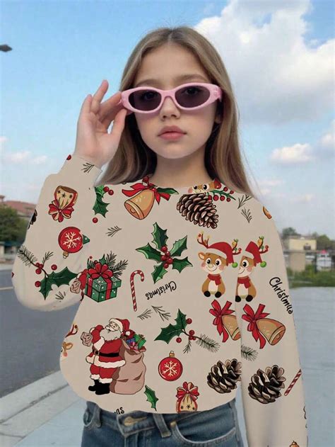 Christmas Santa Claus Gift Box & Deer Bell Full Print Crew Neck ...
