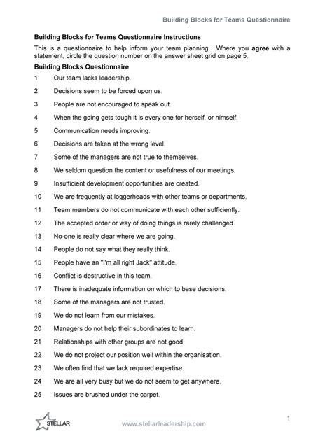 Building Blocks for Teams Questionnaire - Blank Fillable Template ...