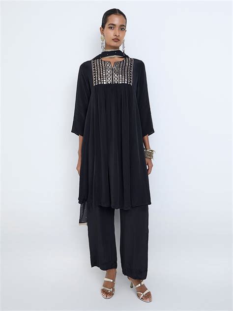 Buy Vark Black Mirror-Detailed Fit-and-Flare Ethnic Set from Westside
