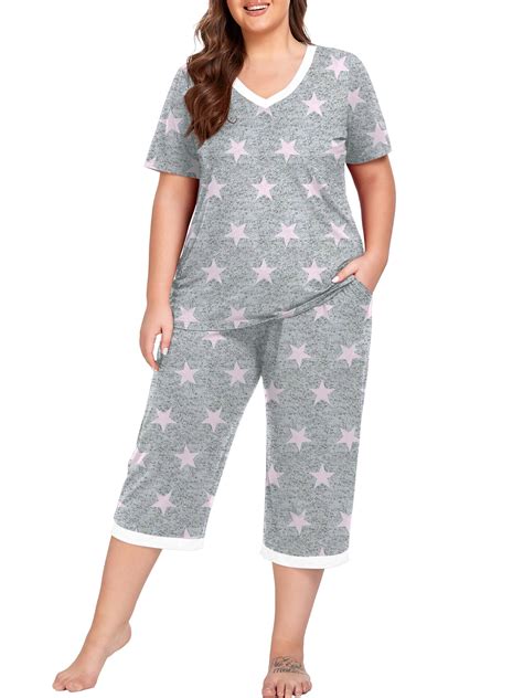 Cueply Women Plus Size Pajama Set, Short Sleeve V-Neck Capri Sleepwear ...