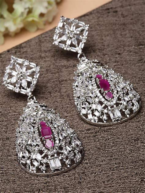 Karatcart Silver Plated Embellished Cubic Zirconia Drop Shape Earrings