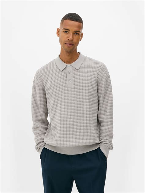 Mens Grey Textured Polo Jumper | Primark