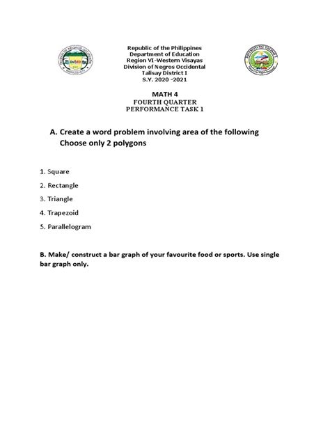 Image result for Performance Task Math Grade 1 Quarter 4