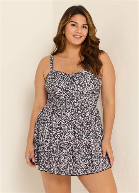 Lilyease Black Floral Cute Plus Size Swimwear Swimdress Set For Women ...