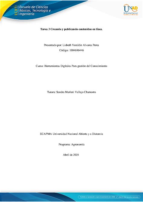 Anexo 3 Lisbeth Alvarez - Tarea 3 Creando y publicando contenidos en línea. Presentado por ...