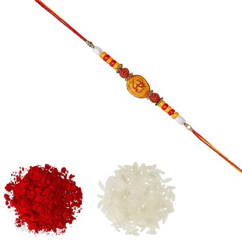 Aheli Religious Wooden Shell with OM Rudraksha Ring Rakhi with Roli ...