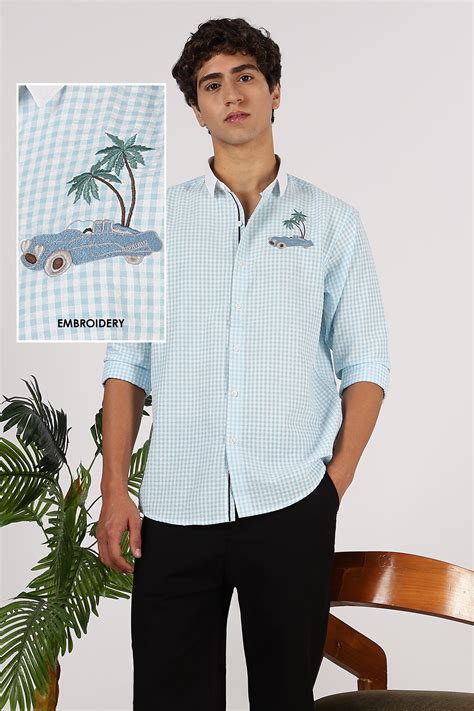 Buy Palm Drive Cotton Regular Sky blue Embroidered Shirt - Hamptons