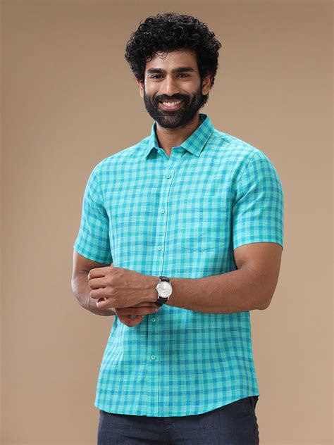 Men Pure Linen Checked Shirt Green LS62