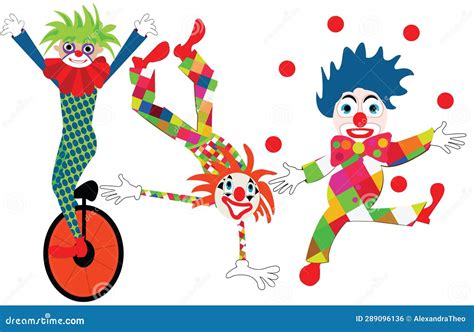 Three Clown Characters Making Tricks Stock Illustration - Illustration ...