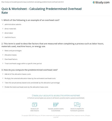 Quiz & Worksheet - Calculating Predetermined Overhead Rate | Study.com