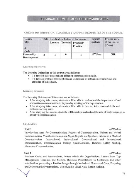 PERSONALITY DEVELOPMENT & COMMUNICATION: COURSE SYLLABUS & OBJECTIVES ...