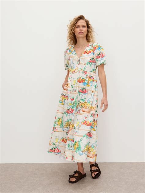 Buy Oliver Bonas White Floral Print Embroidered Fruit Print Puff Sleeve ...