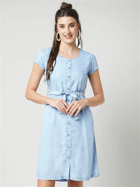 Buy Women Blue Solid Short Sleeves Denim Dress | Kraus Jeans