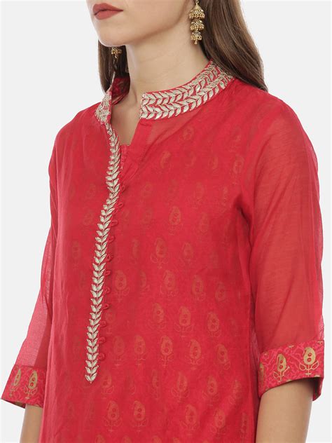 Neerus Women Red Gold-Toned Printed Straight Kurta – Neerus India