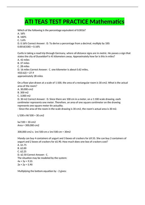 ATI TEAS TEST PRACTICE Mathematics questions with answers - ATI Teas ...