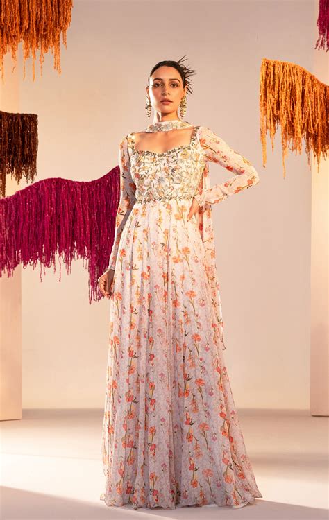 Full Sleeve Printed Corset Anarkali With Choker Dupatta – Silky-Bindra