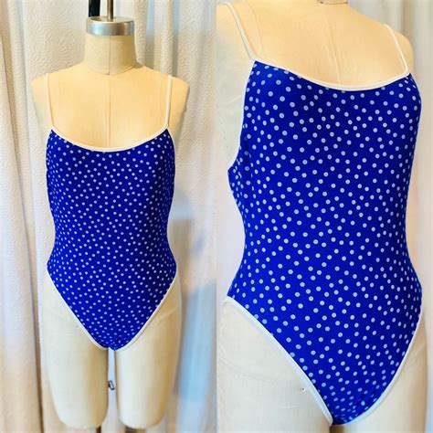 Vintage Royal Blue and White Polka Dot Cheeky One Piece Swimsuit, Polka ...